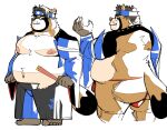  2023 anthro asian_clothing belly big_belly brown_body butt canid canine clothing coolietf east_asian_clothing eyewear fundoshi glasses hi_res japanese_clothing kemono male mammal moobs nipples overweight overweight_male raccoon_dog red_clothing red_fundoshi red_underwear simple_background solo tanuki underwear 