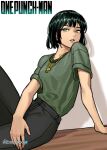  1girl absurdres arm_support artist_name atoroux black_pants copyright_name fubuki_(one-punch_man) green_hair green_shirt highres jewelry necklace one-punch_man pants parted_lips shirt short_hair short_sleeves solo 