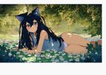  1girl absurdres animal_ear_fluff animal_ears black_hair blue_eyes blue_shirt blush border cat_ears closed_mouth crossed_bangs dappled_sunlight day feet_out_of_frame flower grass hair_between_eyes highres kgt_(pixiv12957613) long_bangs long_hair looking_at_viewer lying nature no_pants on_side original outdoors panties pink_panties plant shirt smile solo sunlight thighs underwear white_border white_flower 
