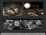  3d artist_name auxilirae cannon commentary concept_art eve_online fire firing from_side machinery multiple_views muzzle_flash no_humans original realistic reference_sheet science_fiction terry_maranda turret wesley_knee 