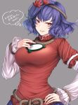  1girl breasts commentary grey_background hair_ornament large_breasts layered_sleeves leaf_hair_ornament long_sleeves looking_at_viewer mirror mitama_mudimudi parted_lips purple_hair red_eyes short_hair short_over_long_sleeves short_sleeves simple_background solo touhou translation_request twitter_username upper_body yasaka_kanako 