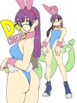  1girl absurdres animal_ears ass bare_shoulders blue_eyes blue_leotard bow bowtie breasts cleavage cowboy_shot detached_collar dr._slump fake_animal_ears full_body glasses high_heels highres leotard long_hair medium_breasts norimaki_arale playboy_bunny purple_hair rabbit_ears rabbit_tail shoes simple_background sneakers solo strapless strapless_leotard tail thighs toshinoshin wing_ornament wrist_cuffs 