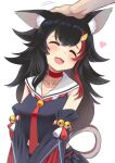  1girl @-you_(you_2023_8_16) animal_ear_fluff animal_ears bell black_hair black_shirt black_sleeves choker closed_eyes detached_sleeves happy headpat heart highres hololive long_hair ookami_mio ookami_mio_(1st_costume) red_choker red_hair revision sailor_collar shirt striped virtual_youtuber white_background wolf_ears 
