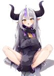  1girl absurdres ahoge amato_0321 ankle_cuffs ascot bare_legs black_dress black_horns blush braid braided_bangs brown_eyes collar covering covering_crotch demon_girl demon_horns dress eyelashes fang full_body grey_hair grey_socks highres hololive horns knees_apart_feet_together la+_darknesss la+_darknesss_(1st_costume) legs long_hair long_sleeves looking_at_viewer metal_collar multicolored_hair no_shoes on_ground open_mouth oversized_clothes pointy_ears purple_hair purple_horns shadow sidelocks simple_background sitting skin_fang sleeves_past_fingers sleeves_past_wrists socks solo streaked_hair striped_horns thighs very_long_hair virtual_youtuber wide_sleeves yellow_ascot 