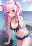  1girl absurdres animal_ear_fluff animal_ears bare_shoulders bikini black_bikini blue_sky blush borrowed_character breasts choker cleavage cloud commentary_request commission day glasses guri_(gri1211) hair_tucking highres horizon large_breasts long_hair navel ocean one_side_up open_fly original outdoors pants parted_lips pink_eyes pink_hair pink_nails see-through semi-rimless_eyewear short_shorts shorts signature skeb_commission sky smile solo stomach swimsuit swimsuit_cover-up torn_clothes torn_pants 