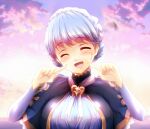  1girl ^_^ backlighting blue_capelet blue_dress blue_hair blush braid breasts bridal_gauntlets capelet closed_eyes cloud commentary_request crown_braid dress finger_to_cheek fire_emblem fire_emblem:_three_houses happy_tears head_tilt heart lens_flare marianne_von_edmund open_mouth outdoors short_hair smile solo tears white_background yanmarson 