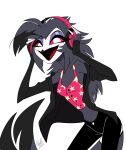  absurd_res akuma_nemui anthro avian bird clothed clothing demon female grey_body headphones helluva_boss hi_res looking_at_viewer octavia_(helluva_boss) open_mouth owl pink_sclera simple_background smile smiling_at_viewer solo white_background white_eyes white_face 