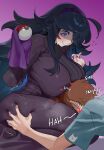  1boy 1girl @_@ absurdres ahoge alternate_breast_size ass_grab black_dress black_hair blush breasts couple dress flying_sweatdrops hair_between_eyes hairband hetero hex_maniac_(pokemon) highres holding holding_poke_ball huge_breasts lap_pillow long_dress long_hair looking_down messy_hair nervous_smile nia_(nia4294) plump poke_ball poke_ball_(basic) pokemon pokemon_(game) pokemon_xy purple_eyes purple_hair purple_hairband purple_nails smelling smile sound_effects thick_thighs thighs very_long_hair wavy_mouth 