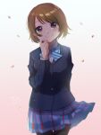  1girl black_pantyhose blazer blue_bow blue_bowtie blue_jacket blue_skirt bow bowtie brown_hair closed_mouth collared_shirt commentary falling_petals hand_on_own_cheek hand_on_own_face happy_birthday highres jacket koizumi_hanayo long_sleeves looking_at_viewer love_live! otonokizaka_school_uniform pantyhose petals plaid plaid_skirt pleated_skirt purple_eyes school_uniform shirt short_hair skirt smile solo standing striped striped_bow striped_bowtie umezu_8989 white_shirt wing_collar winter_uniform 
