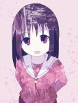  1girl :d alternate_eye_color arms_behind_back azumanga_daioh azumanga_daioh&#039;s_school_uniform breasts brown_hair commentary from_above glitch highres kasuga_ayumu kobaryo looking_at_viewer looking_up medium_hair neck_ribbon open_mouth pink_background pink_serafuku pink_shirt pink_theme pleated_skirt red_eyes red_ribbon red_skirt ribbon sailor_collar school_uniform serafuku shards shirt skirt small_breasts smile solo upper_body upturned_eyes white_sailor_collar 
