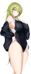  1girl absurdres alternate_costume arched_back ass back_cutout bare_arms bare_shoulders black_jacket black_one-piece_swimsuit blush breasts closed_mouth clothing_cutout commission competition_swimsuit criss-cross_back-straps from_behind girls&#039;_frontline green_eyes grey_headwear groin hair_ornament hairclip highleg highleg_swimsuit highres impossible_clothes impossible_swimsuit jacket large_breasts long_hair long_sleeves looking_at_viewer maruyaa_(malya1006) median_furrow mk48_(girls&#039;_frontline) off_shoulder one-piece_swimsuit open_clothes open_jacket red_eyes simple_background skeb_commission smile smug solo swimsuit taut_clothes taut_swimsuit thighs track_jacket trefoil two-tone_one-piece_swimsuit white_background white_one-piece_swimsuit 