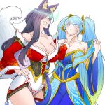  2girls ahri_(league_of_legends) animal_ears aura bare_shoulders black_hair blonde_hair blue_dress blue_eyes blue_hair blush breasts cleavage collarbone corruption crown dress fox_ears fox_girl fox_tail glowing glowing_eyes grabbing grabbing_another&#039;s_chin gradient_hair green_background hand_on_another&#039;s_chin hand_on_own_hip highres huge_breasts korean_commentary league_of_legends lolboja long_hair low_neckline multicolored_hair multiple_girls naughty_face possessed pout red_dress ruined_(league_of_legends) smile sona_(league_of_legends) tail tearing_up tears twintails very_long_hair viego_(league_of_legends) white_hair you_gonna_get_raped yuri 