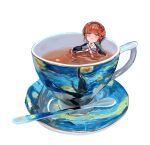  1girl absurdres blue_eyes blush braid cup fate/grand_order fate_(series) highres looking_at_viewer mini_person minigirl red_hair shimogamo_(shimomo_12) short_hair simple_background smile solo starry_night teacup teaspoon van_gogh_(fate) water white_background 