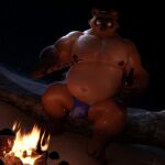  3d_(artwork) animal_crossing anthro beach big_pecs blender_(software) body_hair brown_body brown_fur brown_nipples campfire canid canine chest_hair clothing digital_media_(artwork) food fur genshiba hi_res holding_beer holding_food holding_object looking_at_viewer male mammal multicolored_body multicolored_fur navel night nintendo nipples pecs pubes raccoon_dog seaside slightly_chubby solo tanuki thong tom_nook_(animal_crossing) two_tone_body two_tone_fur underwear 
