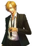  1boy black_necktie blonde_hair blue_eyes cigarette commentary commentary_request curly_eyebrows english_commentary facial_hair formal goatee hair_over_one_eye joy_(aka0319) male_focus necktie one_eye_covered one_piece open_mouth sanji_(one_piece) short_hair simple_background smile solo suit teeth white_background 