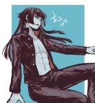  1boy abs black_hair blue_background blue_eyes blunt_bangs border character_name colored_inner_hair commentary crossed_legs feet_out_of_frame gakuran genderswap genderswap_(ftm) limited_palette long_hair male_focus mars_symbol mclw_suisei multicolored_hair navel open_mouth outside_border protagonist_2_(housamo) school_uniform sidelocks simple_background solo tokyo_afterschool_summoners toned toned_male white_border 