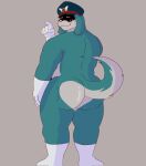  anthro blue_body blue_fur blush butt canid canine canis clothing conductor_(sonic) domestic_dog facial_hair floppy_ears footwear fur gloves handwear hat headgear headwear hi_res looking_back male mammal mature_male mostly_nude mustache rear_view sega shadowed_face slightly_chubby socks solo sonic_the_hedgehog_(series) tequila_ari the_murder_of_sonic_the_hedgehog 