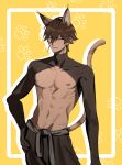 1boy animal_ear_fluff animal_ears black_pants black_shirt brown_hair cat_ears cat_tail closed_mouth cowboy_shot cropped_shirt dabin dangle_earrings earrings eyelashes fate/grand_order fate_(series) hair_between_eyes highres jewelry kemonomimi_mode male_focus navel nipples ozymandias_(fate) pants pectorals revealing_clothes shirt solo tail yellow_background yellow_eyes 