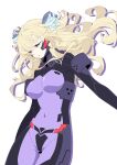  1girl blonde_hair blue_bow blue_eyes bodysuit bow breasts covered_navel floating_hair hair_bow highres impossible_bodysuit impossible_clothes kamon_rider liz_hohenstein long_hair looking_down medium_breasts muvluv muvluv_alternative parted_lips schwarzesmarken skin_tight solo striped striped_bow white_background white_bow 