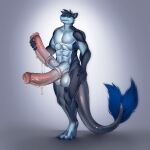  2_penises abs absurd_res animal_genitalia animal_penis anthro balls belly big_balls big_penis black_sclera blue_body blue_fur blue_penis blue_scales blue_skin bodily_fluids canid canine canis claws countershade_balls countershade_belly countershade_genitalia countershade_penis countershade_torso countershading derwyn_(nsfowork) double_tail dragon equine_genitalia equine_penis erection excessive_genital_fluids excessive_precum fur genital_fluids genitals green_eyes hi_res holding_penis huge_penis hybrid long_penis male mammal multi_genitalia multi_penis multi_tail muscular muscular_male nude pecs penis pink_penis precum scaled_nose scales small_leaf_art solo standing tail tail_scales vein veiny_penis wolf 