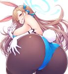  1girl animal_ears ass asuna_(blue_archive) asuna_(bunny)_(blue_archive) blue_archive blue_leotard breasts fake_animal_ears fake_tail from_behind gloves gogatsu_no_renkyuu grin halo highres large_breasts leotard light_brown_hair long_hair looking_at_viewer looking_back official_alternate_costume pantyhose playboy_bunny rabbit_ears rabbit_tail simple_background smile solo tail white_background white_gloves 