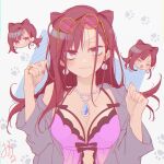  1girl blue_gemstone blush breasts cleavage closed_mouth earrings eyewear_on_head gem grey_shirt highres jewelry kao_ru05 kashiki_yuno lingerie looking_at_viewer milgram necklace open_clothes open_shirt paw_print pearl_necklace purple_shirt red_eyes red_hair shirt smile solo underwear 