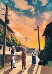  1girl 2boys absurdres black_hair blue_sky boots cloud cloudy_sky double_bun gintama glasses grey_hair hair_bun highres holding holding_umbrella house kagura_(gintama) multiple_boys orange_hair orange_sky outdoors sakata_gintoki shadow shimura_shinpachi shooogun short_hair sky sunset sword tire umbrella utility_pole waving weapon wooden_sword 