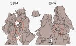  !? 2boys 2girls androgynous braid breasts cleavage clone cone_hair_bun double_bun english_text fire_emblem fire_emblem_engage flower flower_on_head frills goldmary_(fire_emblem) hair_bun hair_ribbon hand_on_another&#039;s_chest highres holding_hands long_hair monochrome multiple_boys multiple_girls otoko_no_ko ribbon rosado_(fire_emblem) shishima_eichi single_shoulder_pad 