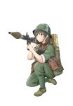  1girl absurdres aiming black_hair brown_eyes combat_helmet green_headwear green_jacket green_pants helmet highres jacket military_uniform original pants people&#039;s_liberation_army qian rocket_launcher rpg_(weapon) serious sino-vietnamese_war sleeves_rolled_up solo squatting type_69 uniform weapon 