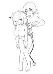  2023 breasts demon demon_humanoid digital_media_(artwork) duo female hair hi_res horn human humanoid living_clothing looking_back male male/female mammal monochrome not_furry nude short_hair simple_background smile spade_tail tail tentacles vuaisu white_background 
