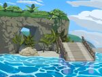  blue_sky bridge cloud commentary day english_commentary highres no_humans ocean official_style outdoors palm_tree scenery shadowiie sky sonic_(series) sonic_the_hedgehog_(2006) tree uno_yuuji_(style) water web_address 