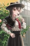  1girl black_capelet black_headwear black_skirt brown_hair bubble_tea capelet drinking drinking_straw erisauria expressionless hand_on_own_hip highres looking_at_viewer necktie red_necktie shirt skirt solo touhou usami_renko white_shirt yellow_eyes 