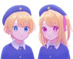  1boy 1girl aged_down blonde_hair blue_eyes blue_headwear blue_jacket bow brother_and_sister closed_mouth collared_shirt female_child hoshino_aquamarine hoshino_ruby jacket looking_at_viewer male_child multicolored_hair nousagi_c3 open_mouth oshi_no_ko pink_bow pink_eyes pink_hair shirt siblings side_ponytail star-shaped_pupils star_(symbol) symbol-shaped_pupils twins white_shirt 