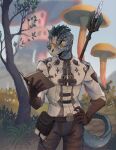  2023 5_fingers anthro argonian armwear bethesda_softworks bluekiwi101 book brown_clothing brown_gloves brown_handwear clothed clothing day detailed_background digital_media_(artwork) elbow_gloves eyewear fingers fungus glasses gloves grass hand_on_hip handwear hi_res holding_book holding_object looking_at_another male melee_weapon mushroom pince-nez plant scales scalie shirt sky solo the_elder_scrolls topwear tree weapon white_clothing white_shirt white_topwear yellow_eyes 