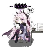  1girl :&lt; ahoge bags_under_eyes black_gloves blue_archive blush boots chair chibi coffee_mug crossed_legs cup demon_horns demon_wings e_v_e_neko gloves hair_ornament hair_ribbon hairclip halo highres hina_(blue_archive) holding holding_paper horns jacket jacket_on_shoulders knee_boots kneehighs long_bangs long_hair mechanical_halo mug paper paper_stack parted_lips ponytail purple_shirt ribbon shirt sigh sitting socks table very_long_hair white_hair wings 