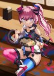  1girl :t absurdres asymmetrical_legwear bare_shoulders black_choker black_panties black_underwear blue_hair blue_thighhighs blurry blurry_background bowl choker chopsticks collarbone commentary_request depth_of_field eating figure_four_sitting food hair_between_eyes highres holding holding_bowl holding_chopsticks honkai_(series) honkai_impact_3rd horns jacket long_hair looking_at_viewer mismatched_legwear multicolored_hair noodles panties pink_thighhighs ponytail power_symbol purple_eyes ramen rozaliya_olenyeva rozaliya_olenyeva_(fervent_tempo) shoe_soles short_eyebrows sitting solo streaked_hair tail thick_eyebrows thighhighs tsukimi_no_72 underwear white_footwear 