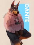  2023 anthro black_body black_fur borkthunder bottomwear canid canine canis clothing dante_(doberoo) dobermann domestic_dog fur hi_res hoodie looking_away male mammal overweight overweight_male pinscher shorts sitting solo tan_body tan_fur topwear 