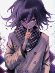  1boy buttons checkered_clothes checkered_scarf closed_mouth danganronpa_(series) danganronpa_v3:_killing_harmony double-breasted flipped_hair hair_between_eyes hand_up highres index_finger_raised jacket long_sleeves looking_at_viewer male_focus medium_hair multicolored_background multicolored_hair oma_kokichi purple_eyes scarf smile solo translation_request two-tone_hair urami0310 white_background 