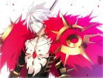  1boy bishounen blue_eyes chain chest_jewel closed_mouth collar collarbone dangle_earrings earrings eyeshadow falling_petals fate_(series) frown fuyuki_(neigedhiver) hair_between_eyes highres jewelry karna_(fate) makeup male_focus pale_skin petals red_eyeshadow solo spiked_collar spikes upper_body white_background white_hair 