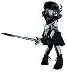  1girl black_footwear black_headwear boots fur_hat furry furry_female gloves greyscale hat holding holding_sword holding_weapon horns looking_at_viewer mask monochrome mouth_mask original solo sword tokiya ushanka watch weapon wristwatch 