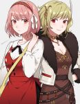  2girls blonde_hair braid breasts citrinne_(fire_emblem) cleavage fire_emblem fire_emblem_engage hair_ornament hair_ribbon hairband highres jewelry lapis_(fire_emblem) looking_at_viewer medium_breasts multiple_girls official_alternate_costume peach11_01 pink_eyes pink_hair red_eyes red_hairband ribbon short_hair side_braid smile swept_bangs two-tone_hairband white_ribbon 