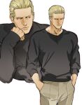  1boy albert_wesker black_shirt blonde_hair closed_eyes closed_mouth hair_slicked_back hands_in_pockets long_sleeves muscular muscular_male orange_eyes resident_evil shirt simple_background sweater tatsumi_(psmhbpiuczn) white_background 