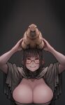  absurdres arms_up black-framed_eyewear blush breasts brown_hair capybara cleavage glasses highres holding huge_breasts large_breasts looking_at_viewer mistimagi original round_eyewear short_hair simple_background smile teeth upper_body 