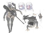 all_fours android belt colored_skin extra_arms fangs full_body ga-man gun handgun hanging_on highres long_hair mask monster_girl original pink_eyes reloading rifle scope simple_background sniper_rifle upside-down weapon white_background white_hair white_skin 