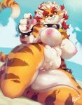  4_fingers alternate_species anthro areola beach big_breasts bowser breasts bulge buxbi collar crossgender day felid female fingers fur genital_outline genitals hair highlights_(coloring) looking_at_viewer mammal mario_bros meowser mtf_crossgender multicolored_body multicolored_fur nintendo nipples orange_body orange_fur outside pantherine pawpads penis_outline pink_areola pink_nipples pussy red_eyes red_highlights seaside signature slightly_chubby solo spiked_collar spikes thick_thighs tiger wet white_body white_fur white_hair 