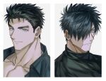  2boys bara black_hair black_sweater blue_eyes blue_shirt burn_scar closed_mouth domo_(domo_kizusuki) eyelashes grey_background grey_eyes hair_over_one_eye highres kokado_shido_(domo) kokuryu_kai_(domo) large_pectorals looking_at_viewer male_focus multiple_boys muscular muscular_male original pectoral_cleavage pectorals scar scar_across_eye scar_on_face shirt short_hair sideburns smile spiked_hair sweater thick_eyebrows toned toned_male turtleneck turtleneck_sweater upper_body 