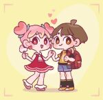  1boy 1girl :d backpack bag black_socks blue_shorts bowl_cut brown_eyes brown_hair chibi double_bun dress flower full_body hair_bun heart holding_hands hua_hua_de_meme looking_at_viewer original pink_flower pink_footwear pink_hair red_bag red_dress red_eyes shirt short_hair shorts sleeveless sleeveless_dress smile socks standing yellow_background yellow_footwear yellow_shirt 