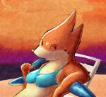 2020 anthro beach biped bra breasts chair clothed clothing eating female fingers floatzel food fur furniture generation_4_pokemon goopyarts gradient_background holding_object looking_away nintendo on_chair orange_body orange_fur outside pokemon pokemon_(species) popsicle seaside simple_background sitting sitting_on_chair solo underwear 