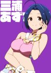  1girl ahoge bare_shoulders belt blue_hair blush breasts character_name check_translation cleavage closed_mouth collarbone crop_top cropped_shirt dot_nose gold_bracelet gold_necklace hand_on_own_face hand_up idolmaster idolmaster_(classic) idolmaster_million_live! idolmaster_million_live!_theater_days jewelry kidachi large_breasts looking_at_viewer midriff miniskirt miura_azusa multiple_bracelets navel necklace o-ring o-ring_top pink_diamond_765_(idolmaster) pink_shirt pink_skirt purple_background red_eyes shirt short_hair simple_background skirt smile solo translation_request upper_body white_belt white_wristband 