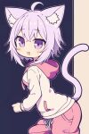  1girl :d ahoge animal_ears black_outline blush cat_ears cat_girl cat_tail commentary_request hair_between_eyes hololive hood hood_down hoodie long_sleeves looking_at_viewer looking_to_the_side nekomata_okayu outline pink_hair pink_shorts puffy_long_sleeves puffy_sleeves purple_eyes ran_(ran_ran010) shorts smile solo tail virtual_youtuber white_hoodie 